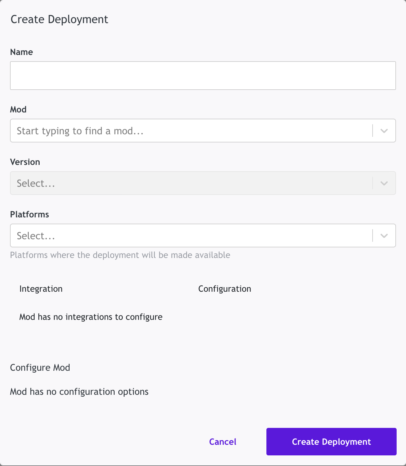 Create Deployment dialog with Name, Mod, Version, and Platforms fields